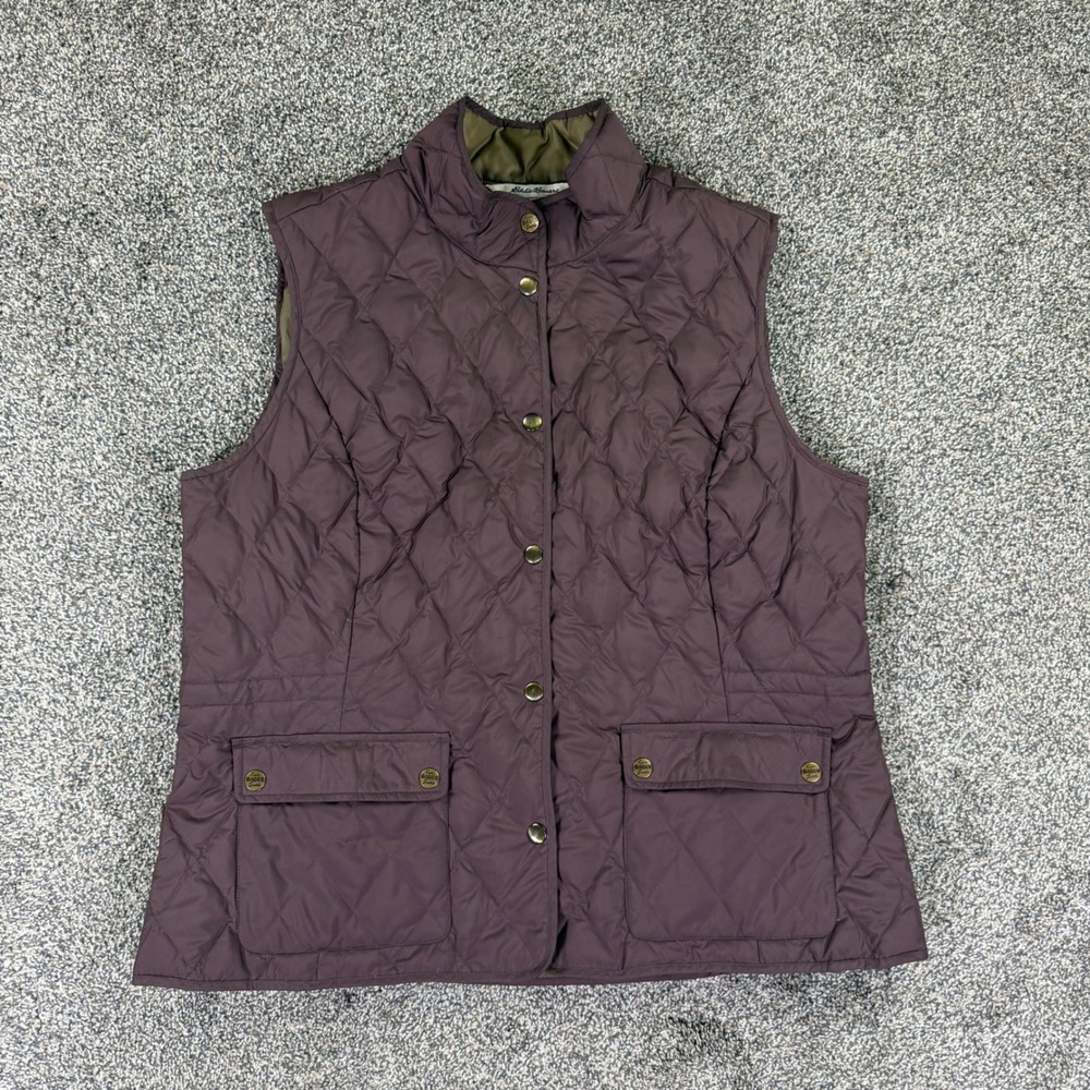 Eddie Bauer Womens XL Plum Purple Quilted Goose Down Vest Mock Neck Snap Front
